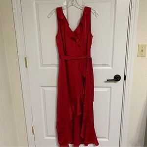Red Ruffle Hi-low Maxi Flowy Dress Tie Waist Silk Like Prom Wedding Guest XL